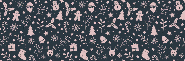 Christmas seamless pattern with decorations. Concept of Xmas background. Vector