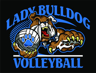 lady bulldog volleyball team design with mascot holding ball for school, college or league