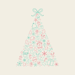 Christmas tree made of festive icons. Xmas decoration. Vector