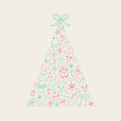 Christmas tree made of festive icons. Xmas decoration. Vector
