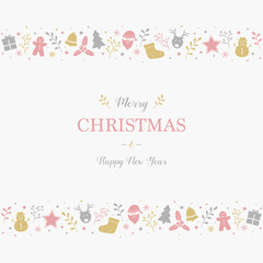 Christmas greeting card with festive decorations. Xmas background with beautiful calligraphy. Vector