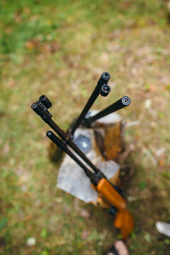 Pellet Gun Rifles Leaning Against Log
