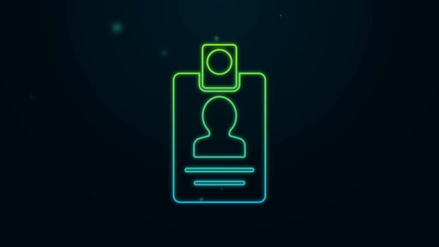 Glowing neon line Identification badge icon isolated on black background. It can be used for presentation, identity of the company, advertising. 4K Video motion graphic animation