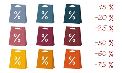 Set of colorful shopping bags with a percent signs, for purchases and sales. Isolated on white. Vector illustration.