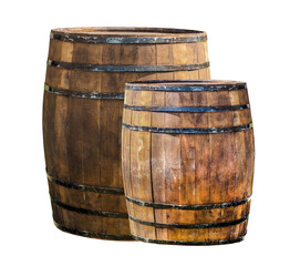 Obraz premium oak barrel barrel with black iron rings close-up stands on an isolated background