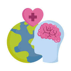world mental health day, profile head brain planet heart