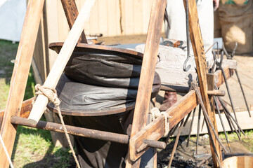 large leather bellows close-up for kindling fire in a forge