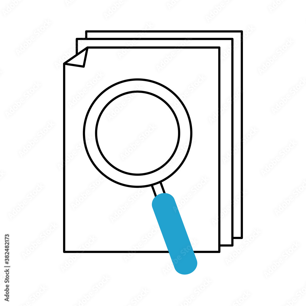 Wall mural search icon, paper with text content magnifier blue line and fill