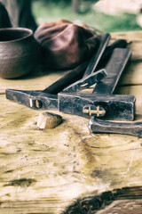 set of hammers with a black head on the table, a work tool of the master