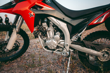 Kyiv, Ukraine 10.02.2020: Sports bike parked in a field under morning light