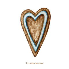 Christmas gingerbread heart cookies, winter holiday sweet food. Watercolor illustration isolated on white background. Xmas gift and tree decorations. Greeting card design concept