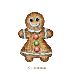 Christmas gingerbread man cookies, winter holiday sweet food. Watercolor illustration isolated on white background. Xmas gift and tree decorations. Greeting card design concept