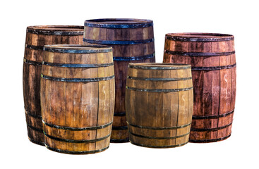 Obraz premium assorted oak barrels of different sizes and colors traditionally used to store wine