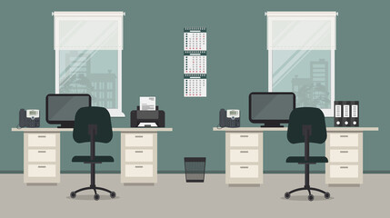 Office room in a green color. Workplace for two office workers with gray furniture on a windows background. There are desks, chairs, phones, a printer, calendar and other objects here. Vector