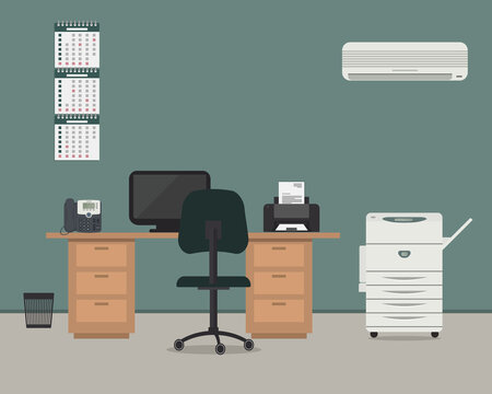 Office Room In A Green Color. Workplace For Office Worker With Furniture. There Is A Desk, A Chair, A Phone, A Printer, Air Conditioner, Copier, A Calendar In The Picture. Vector Illustration