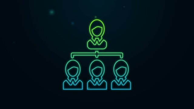 Glowing neon line Business hierarchy organogram chart infographics icon isolated on black background. Corporate organizational structure graphic elements. 4K Video motion graphic animation