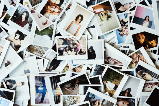 Close-up of scattered polaroid photographs
