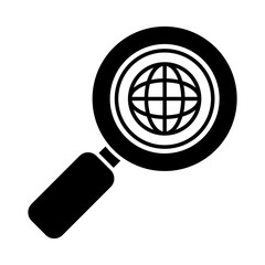 magnifying glass with global sphere icon, silhouette style