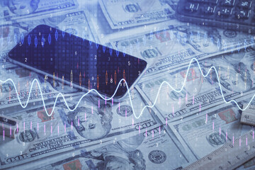 Double exposure of forex graph drawing over us dollars bill background. Concept of financial markets.