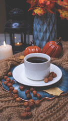Autumn background with coffee, knitted scarf, pumpkin. Autumn coffee, dry leaves. Season October, November.