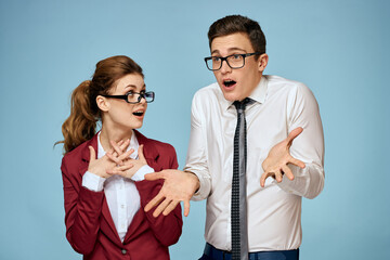 Business young couple officials office team office blue background