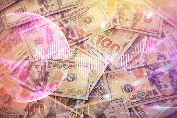 Multi exposure of forex chart drawing over us dollars bill background. Concept of financial success markets.