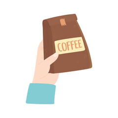 hand with package coffee product isolated icon style