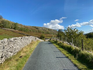 Road to Halton Gill, with dry stone walls, wild grasses, and trees, on a hot summers day in, Littondale, Skipton, UK