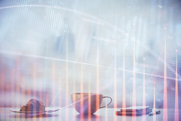 Double exposure of forex chart over coffee cup background in office. Concept of financial analysis and success.