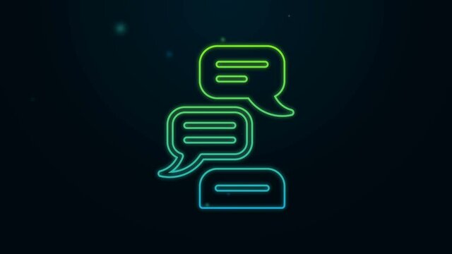 Glowing neon line Speech bubble chat icon isolated on black background. Message icon. Communication or comment chat symbol. 4K Video motion graphic animation