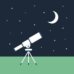 Night Sky Observation Concept. Telescope Looking at Moon and Stars.