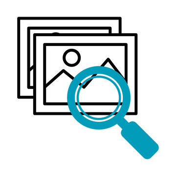 pictures and magnifying glass icon, half line half color style
