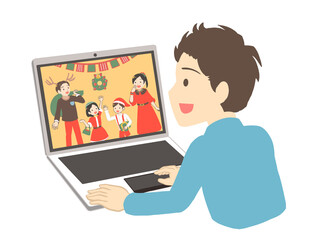 オンラインでクリスマスを見る男性(線無し)