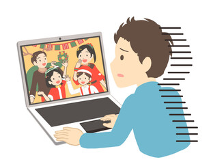オンラインでクリスマスを見て寂しくなる男性　表情アップ(線無し)