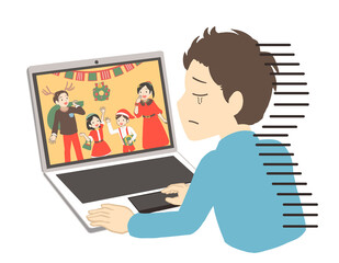 オンラインでクリスマスを見て涙を流す男性(線無し)