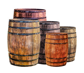 set of wine barrels large and small brown light and dark with black rings