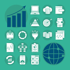 global network and data analysis icon set, silhouette style
