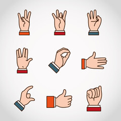 Hands sign Language and expressions icon set, line and fill style
