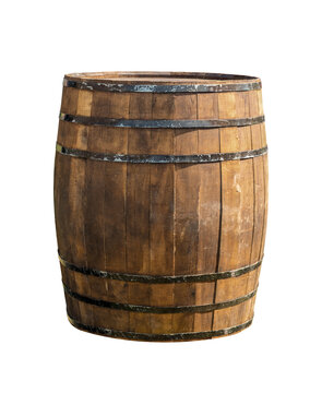 vertical brown oak barrel with iron black rings hoops