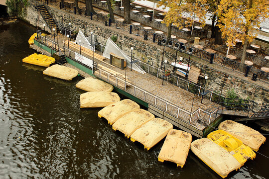 Yellow boats in canal in Autumn