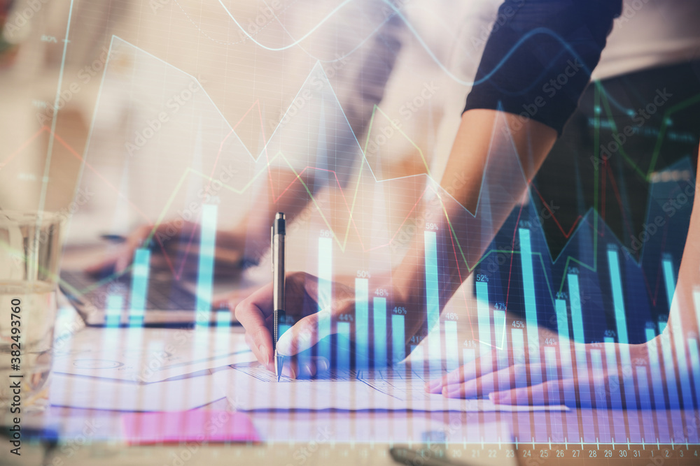 Aufkleber multi exposure of woman hands typing on computer and financial chart hologram drawing. stock market 
