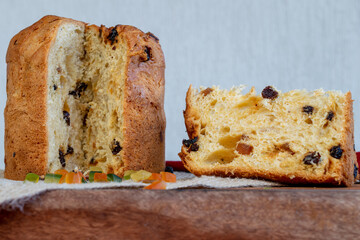 Panettone, slice of Italian Christmas cake on the table.