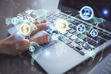 Double exposure of woman hands typing on computer and forex chart hologram drawing. Stock market analysis concept.