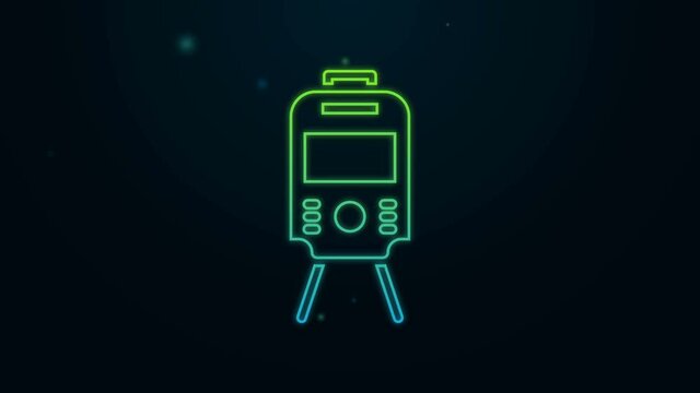 Glowing neon line Tram and railway icon isolated on black background. Public transportation symbol. 4K Video motion graphic animation