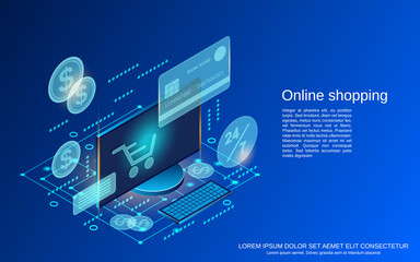 Online shopping flat 3d isometric vector concept illustration 