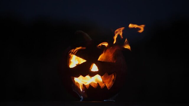 Withered Halloween Pumpkin is on fire slow motion