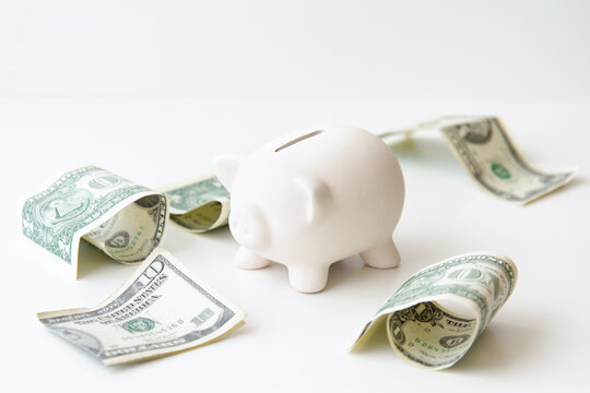 Ceramic piggy bank surrounded by dolalrs