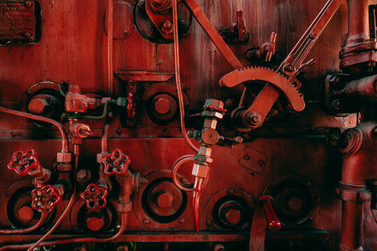 Old steam locomotive cabine inside