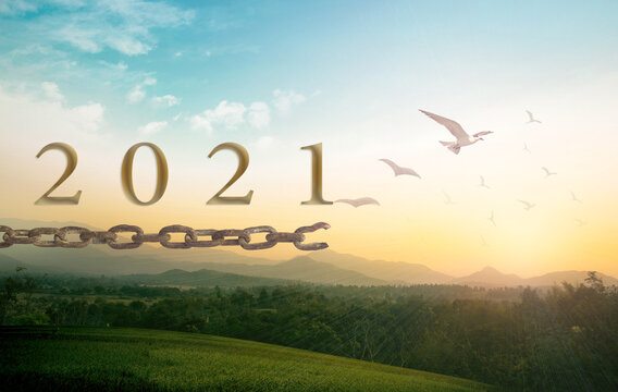 New year 2021 concept: Text 2021 with bird flying and broken chains over mountain sunrise background