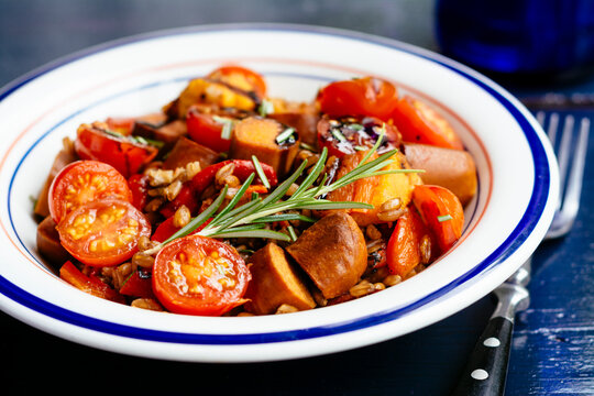 Farro (Spelt) with sweet potates, vegan sausage, and roasted pap